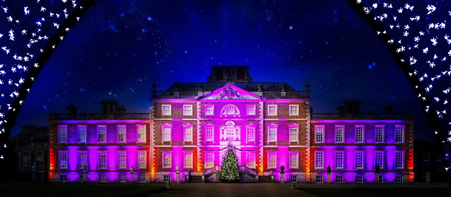 Wimpole Hall illuminated by Christmas lights